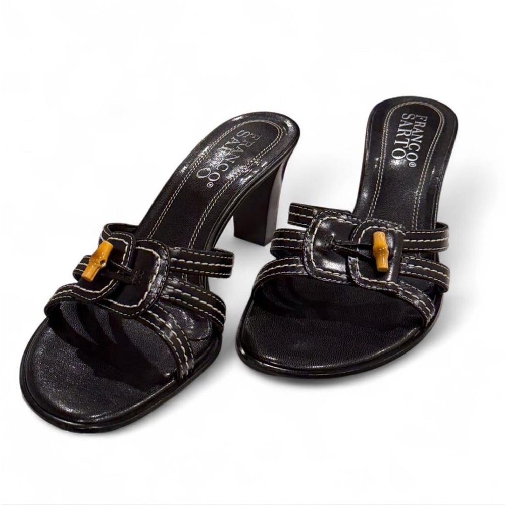 Franco Sarto Black Heeled Mules with Gold Accent